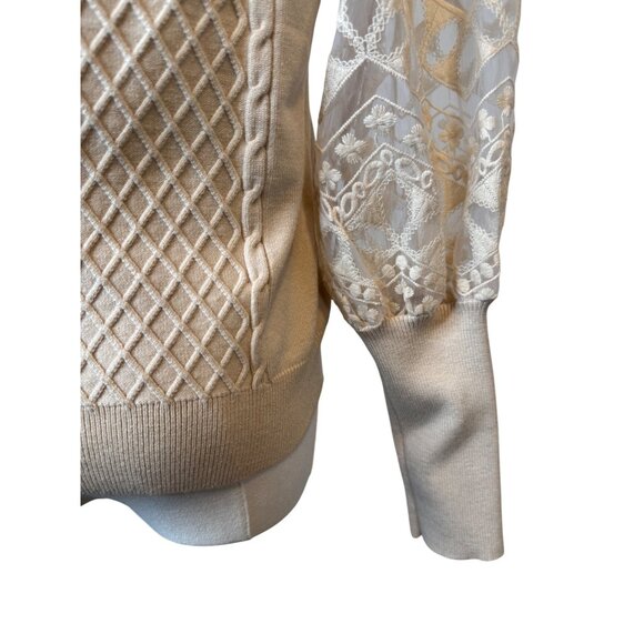 2/$30 Calligraphie M NWOT Beige Knit Sweater Intricate Lace Sleeves - Picture 11 of 13